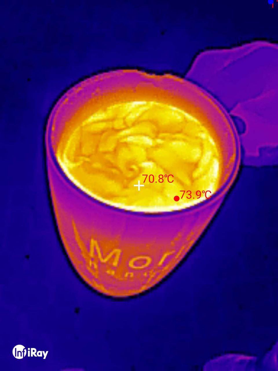 Pretty patterns of hot and cold liquid on the surface of hot water in a cup